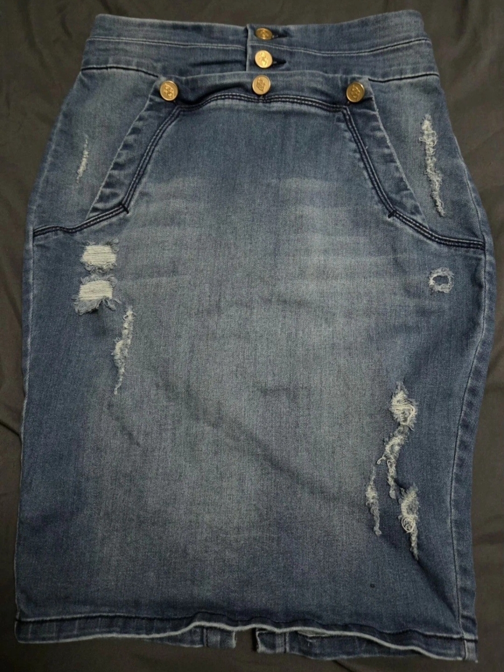 Bebe Distressed High Waisted Denim Pencil Skirt Gold Snap Front Corset Waist 27